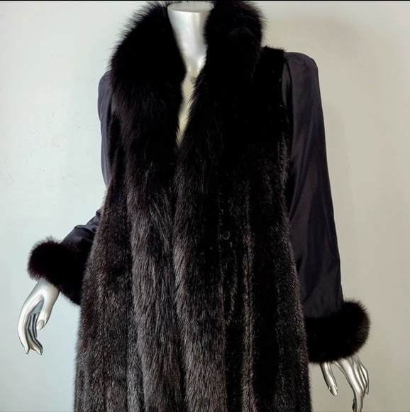 Black Ranch MINK Fur Coat with FOX Fur Trim! - Picture 6 of 12